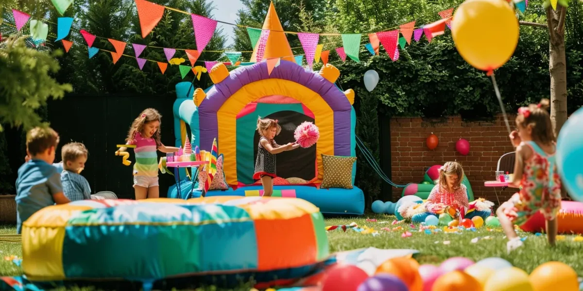 Kids celebrating a birthday party with a bounce house in a Springfield backyard